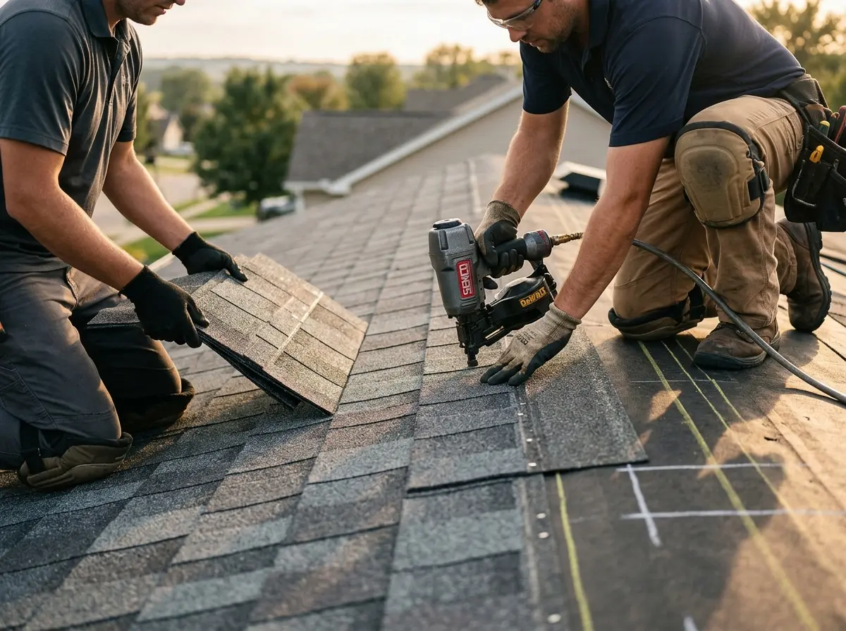 Professional roofer working on a residential roof in East Lyme